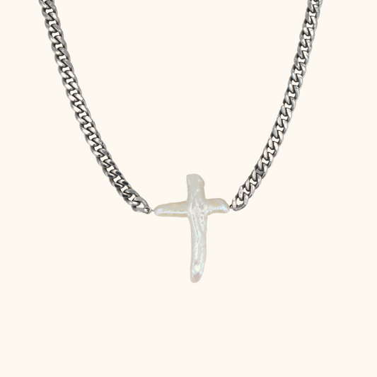 Chunky Pearl Cross Cuban Necklace