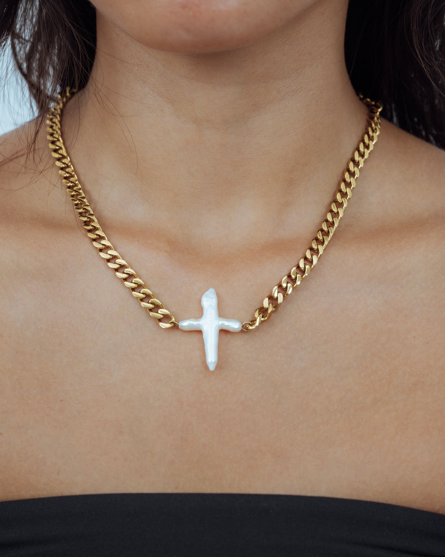 Chunky Pearl Cross Cuban Necklace